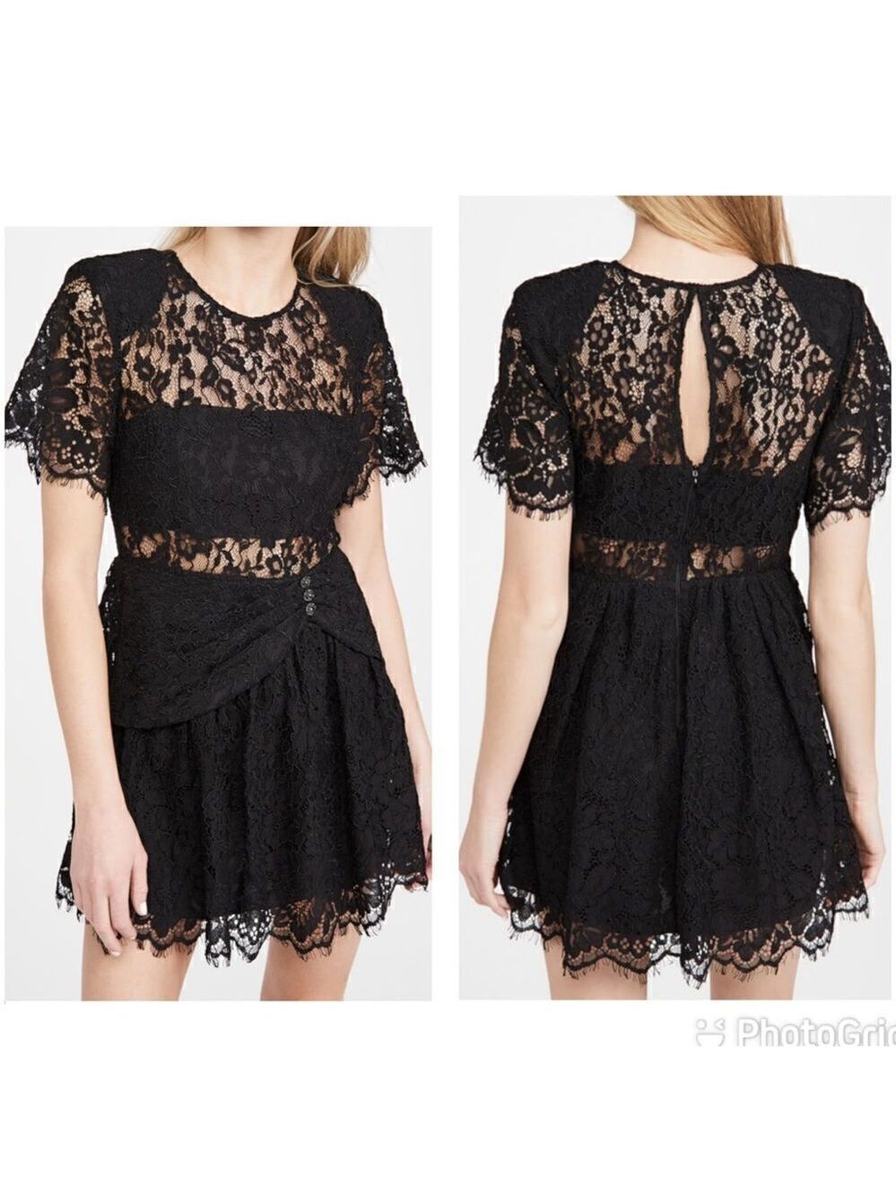 NEW Self-Portrait Fine Cord Short Sleeve Mini Dress Black Lace Size 8